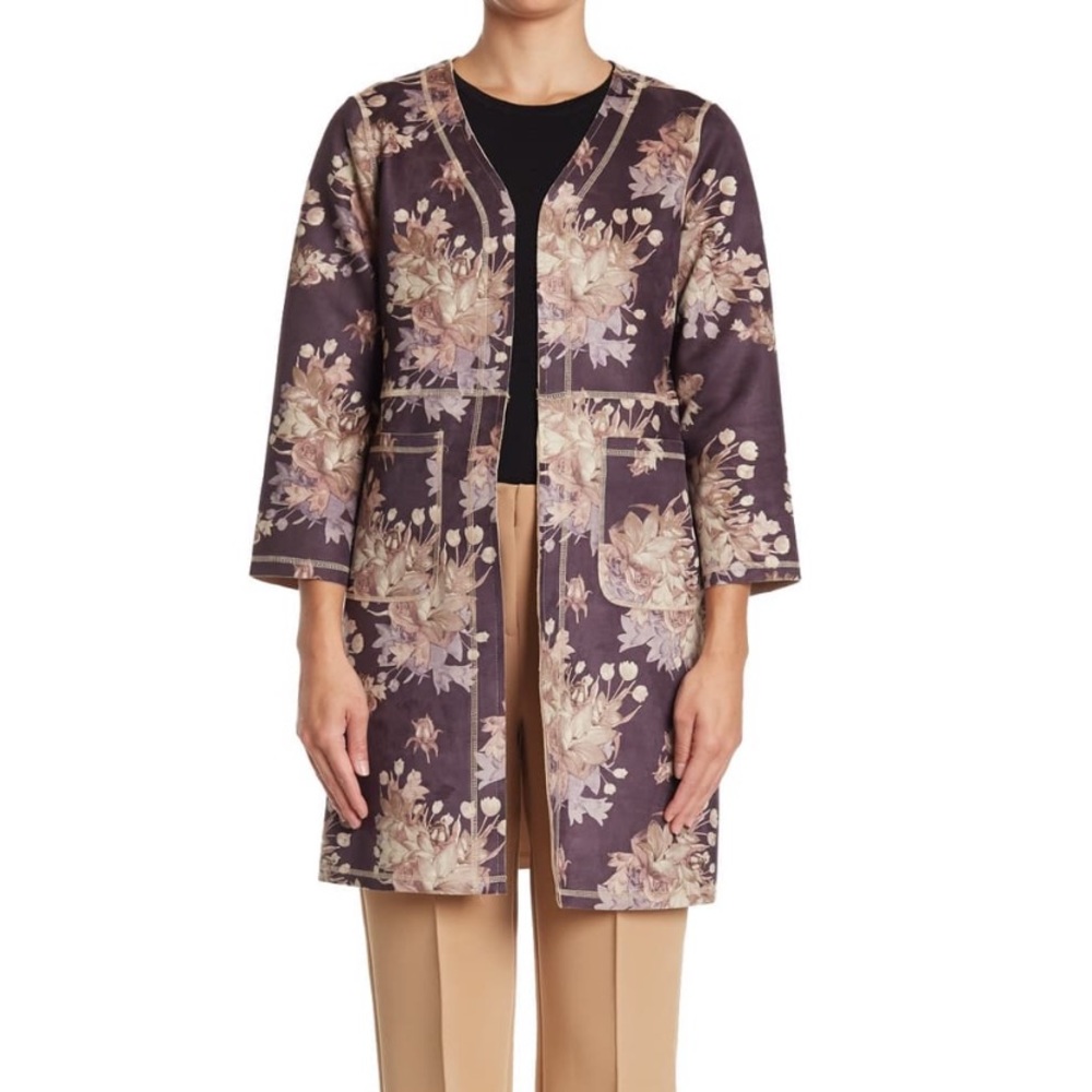 Chelsea & Theodore floral print faux suede longline jacket